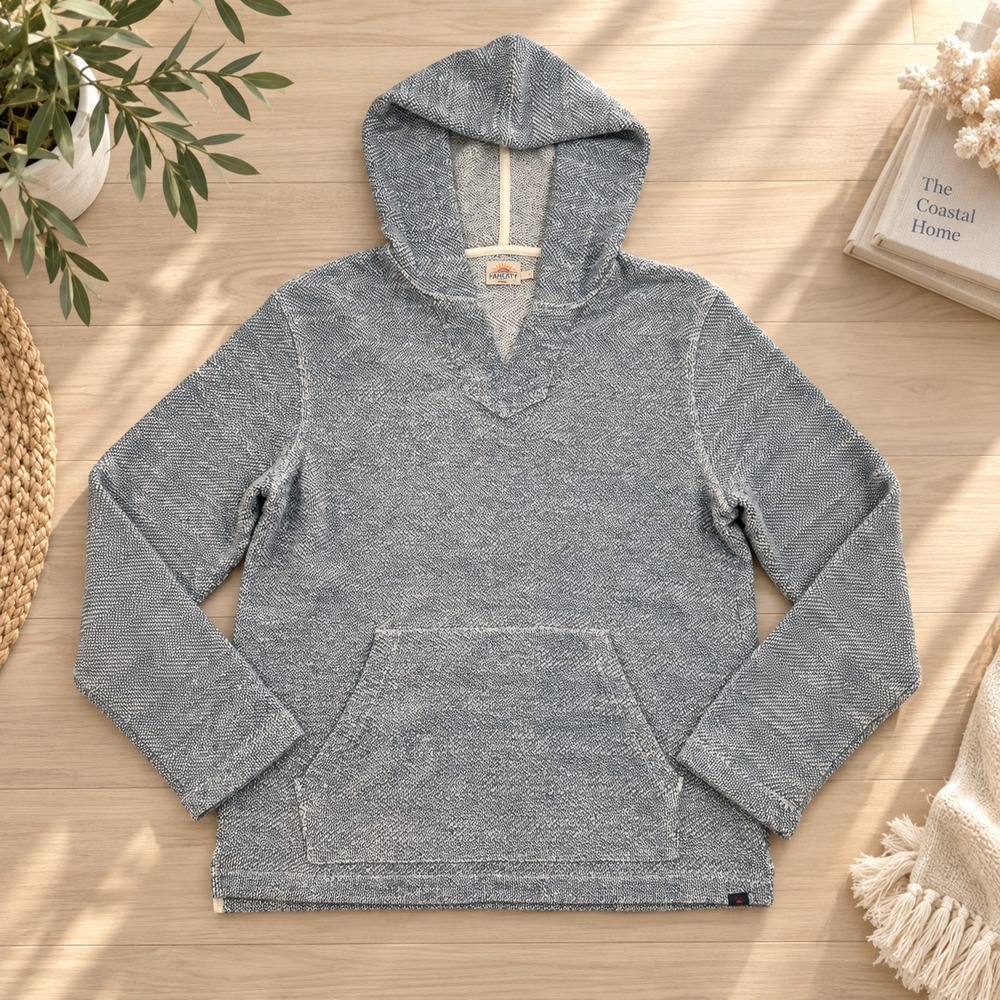Faherty Whitewater Hoodie Men's L Blue Herringbone Knit Pullover Coastal Surfer